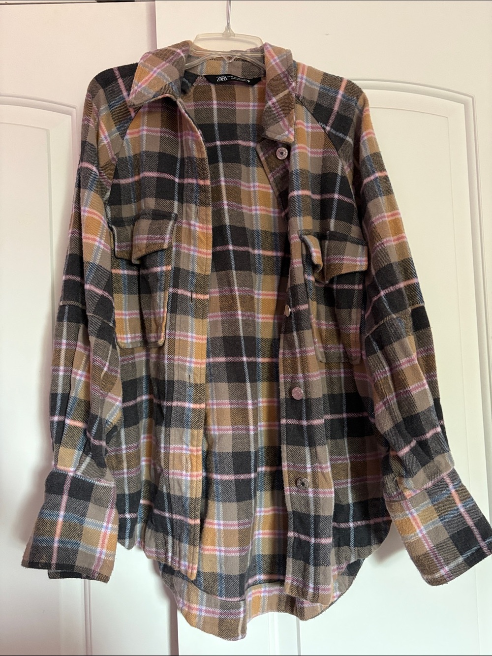 Zara Plaid Utility Shacket Jacket - Black, Brown & Pink